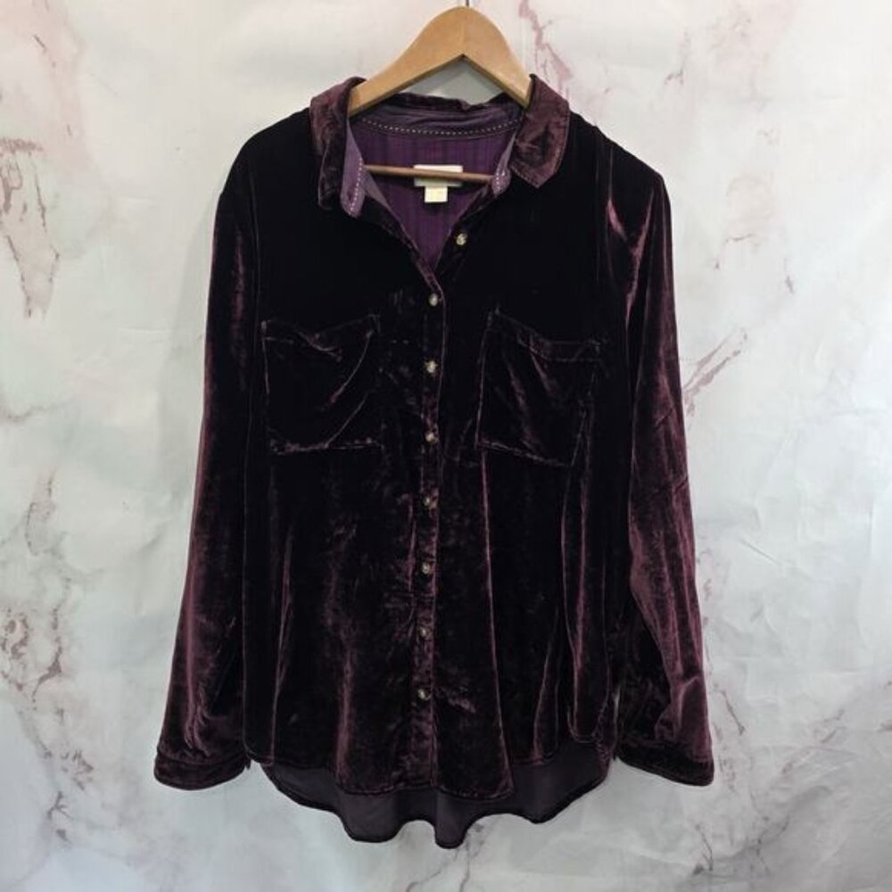 Anthropologie Shirt Womens 16 1X XL Burgundy Velvet Button Up Maeve Long Purple